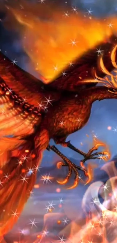 Vibrant phoenix with fiery wings in digital art design.