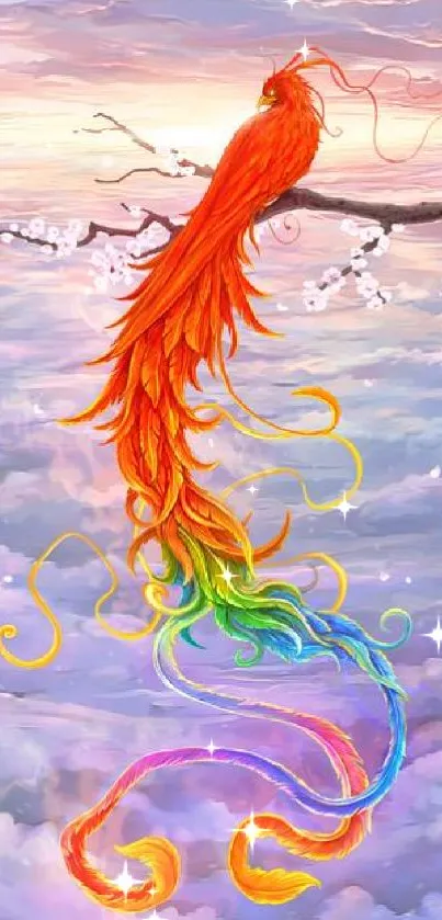 A vibrant phoenix with a rainbow tail flies among pastel clouds.