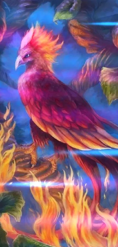 A vibrant phoenix surrounded by flames in an enchanted forest scene.