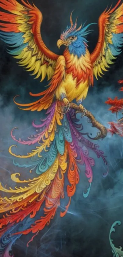 Vibrant phoenix flying in a dark, mystical sky with colorful feathers.