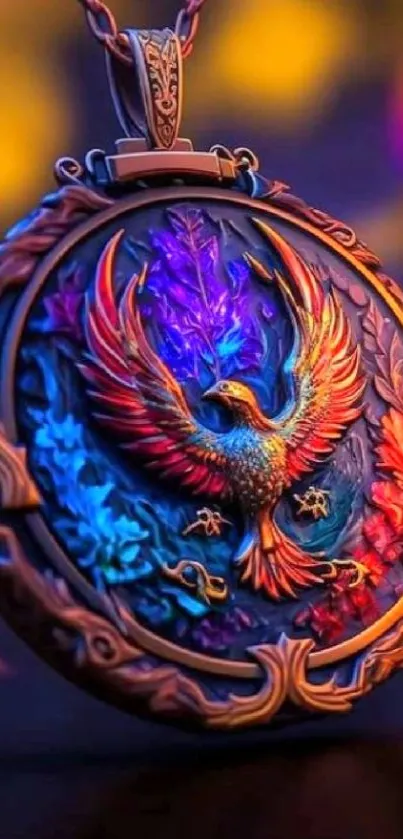 Intricate medallion with a vibrant phoenix design, showcasing bold colors.