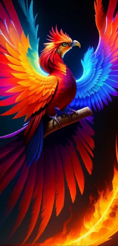 Vibrant phoenix with colorful feathers on a fiery background.