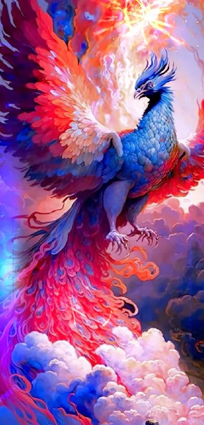 Colorful phoenix with fiery wings soaring in the sky, set as mobile wallpaper.