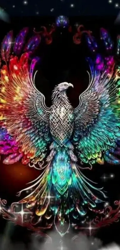 Colorful phoenix with vibrant feathers against a dark background.