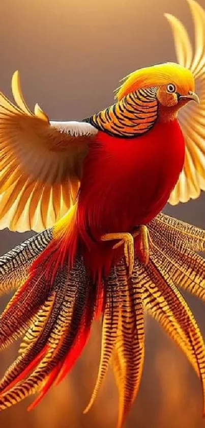 Colorful phoenix with fiery wings in mid-flight, set against a glowing background.