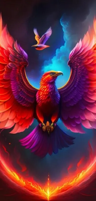 Majestic phoenix with fiery wings in vibrant art style on a mobile wallpaper.
