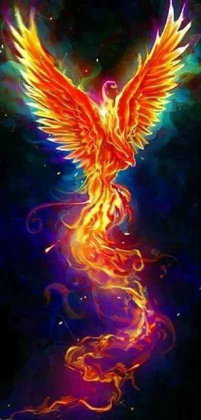 Fiery phoenix with vibrant flames on dark background wallpaper.