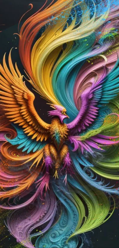 Vibrant, colorful phoenix with flowing feathers in dynamic hues for mobile wallpaper.