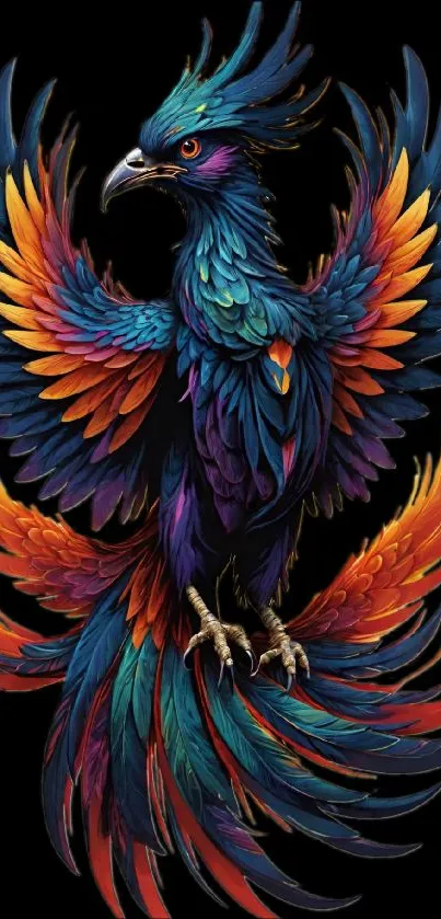 Colorful phoenix with vibrant feathers on black background.