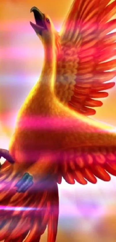 Vibrant phoenix with fiery wings soaring against an orange background.