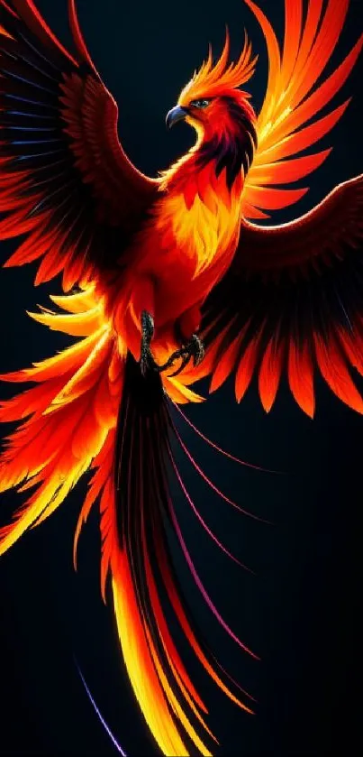 Vibrant orange-red phoenix soaring against a dark backdrop.