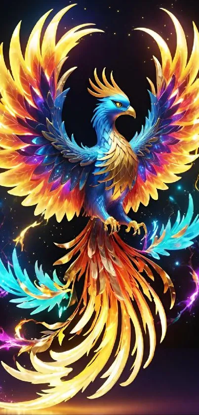 Colorful phoenix with vibrant feathers in golden tones.