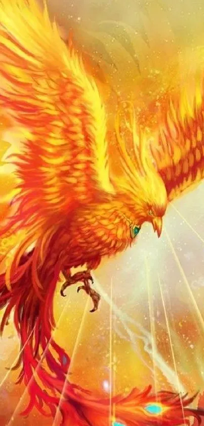 Vibrant phoenix with fiery golden feathers.