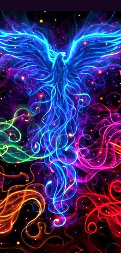 Colorful glowing phoenix mobile wallpaper with vibrant mystical energy.