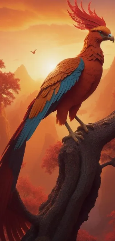 Majestic phoenix on a branch with a sunset and mountains background.