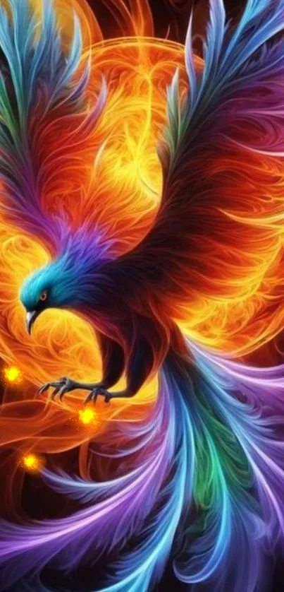 Colorful phoenix in front of a fiery orange backdrop, digital art wallpaper.