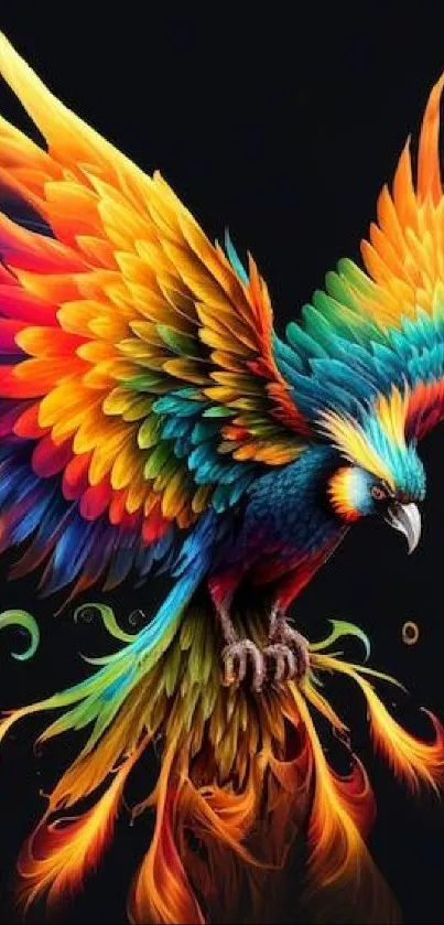 Vibrant phoenix with colorful feathers soaring high.