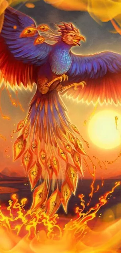 Colorful phoenix rising in fiery sunset backdrop.