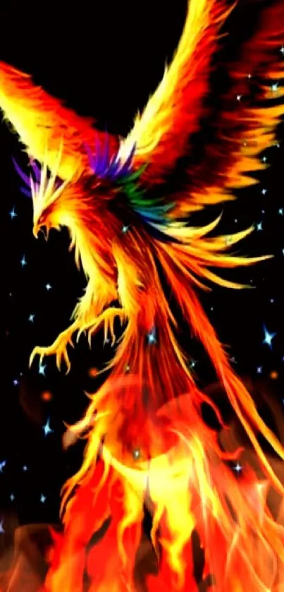 Vibrant phoenix rising with fiery wings against a starry backdrop.