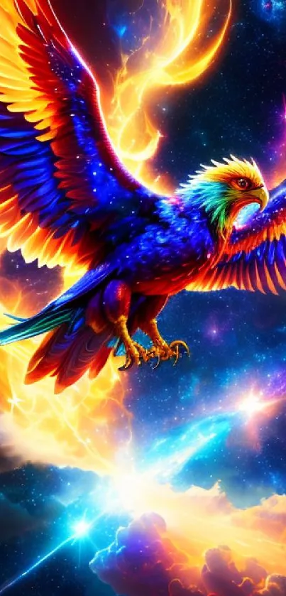 Vibrant phoenix soaring in a cosmic sky with bright, fiery colors.