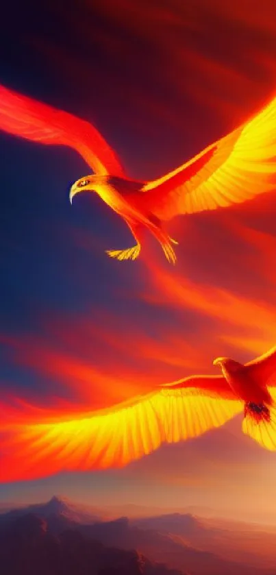 Vibrant phoenixes soar across a glowing sunset sky.