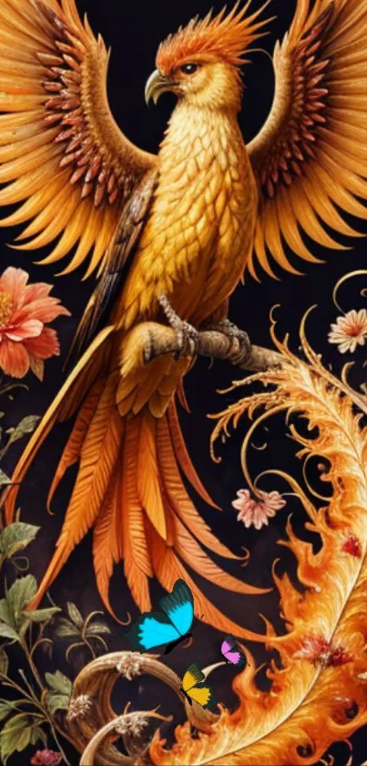 Colorful phoenix with floral details on dark background.