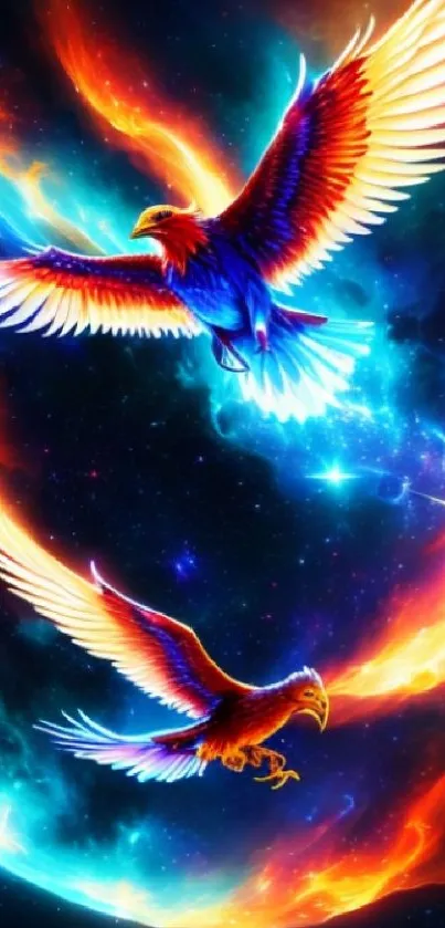 Two vibrant phoenixes soaring through a cosmic, colorful galaxy background.