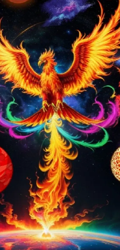 Fiery phoenix in space with colorful flames and planets.