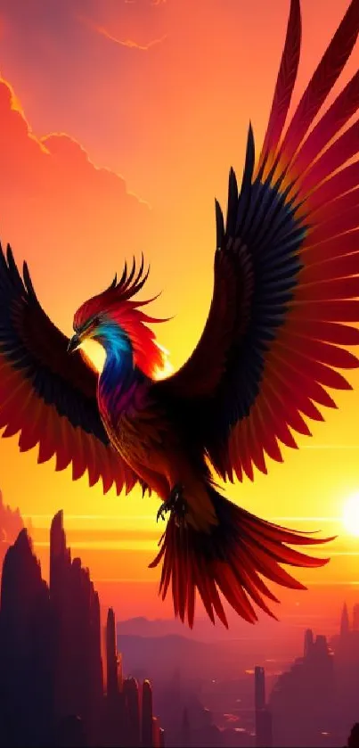 Vibrant phoenix soaring in a sunset sky over rugged peaks.