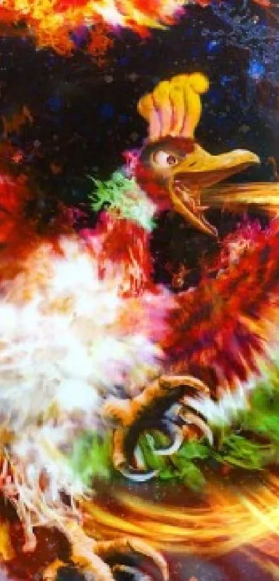 A phoenix and dragon clash in vibrant colors on a phone wallpaper.