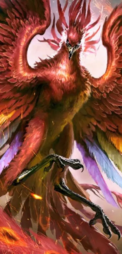 Vibrant phoenix with fiery feathers and multicolored wings in flight.