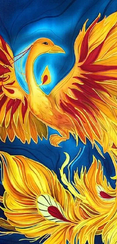 Vibrant phoenix wallpaper with orange, yellow, and blue hues.