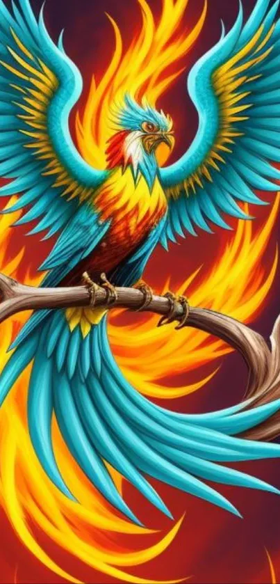 Fiery phoenix with vibrant feathers on branch, digital art wallpaper.