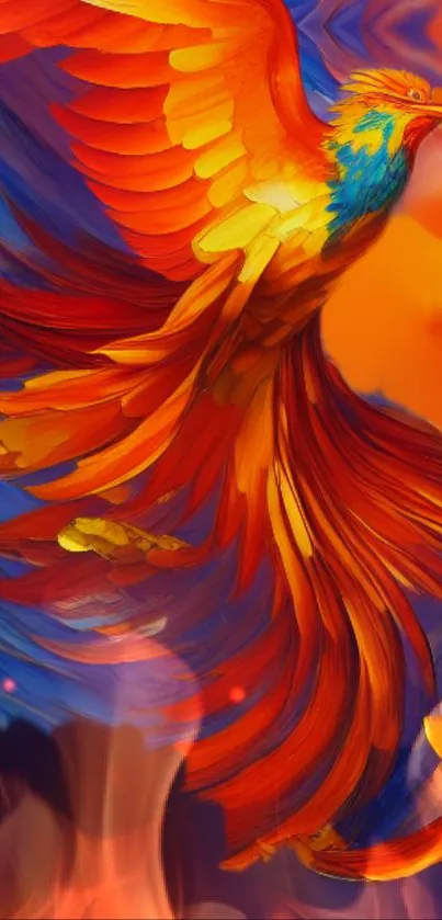 Vibrant phoenix wallpaper in fiery hues of orange, red, and blue.