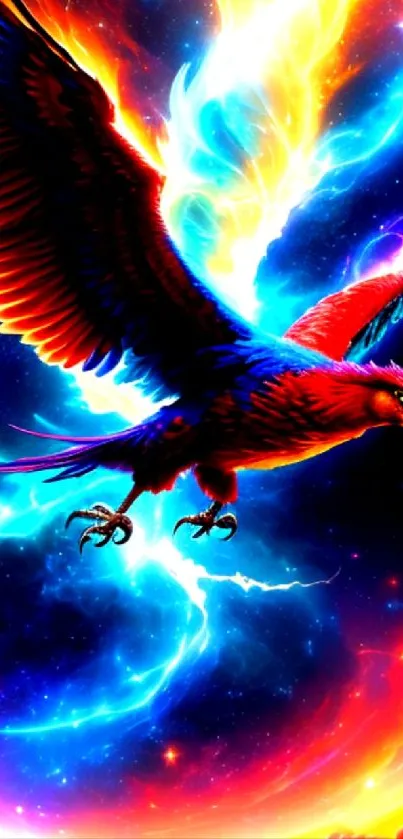 Vibrant phoenix soaring through a neon cosmic sky.