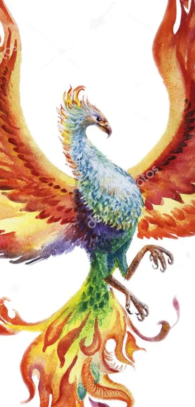 Colorful phoenix with fiery wings in watercolor art style.