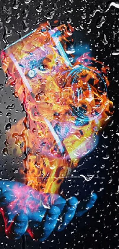 Vibrant phone with a fiery design held by a glowing hand in raindrops.