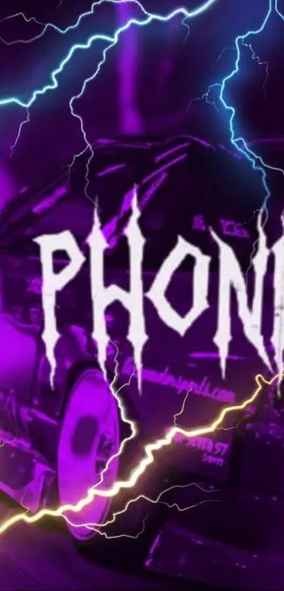 Phonk car with vibrant lightning in purple background.