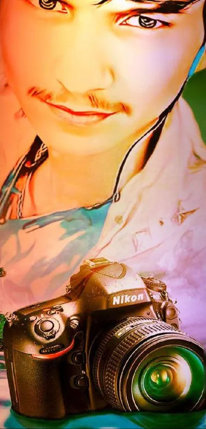 Vibrant photography art wallpaper with camera and colorful design.