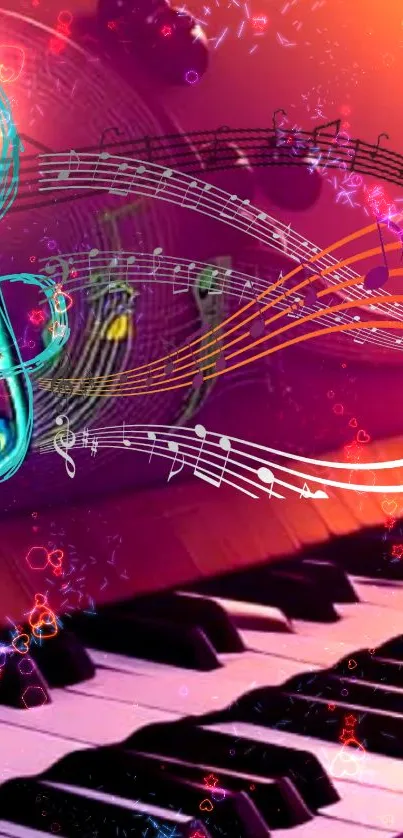 Vibrant piano keys and swirling musical notes on an orange background.