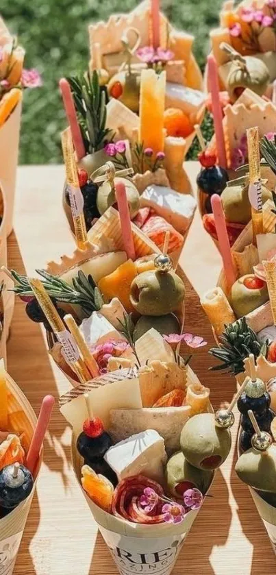 Vibrant grazing cones with cheese and fruit on display.