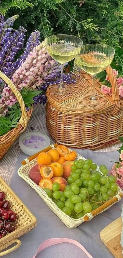 A vibrant picnic setup with fresh fruits and wicker baskets in nature.