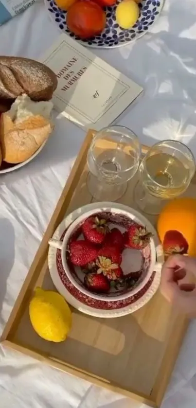 Vibrant picnic scene with fruits, bread, and books.