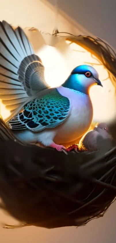 Colorful pigeon in heart-shaped nest with chick.