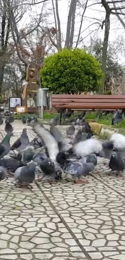 A lively group of pigeons gathered in a lush, green park area.