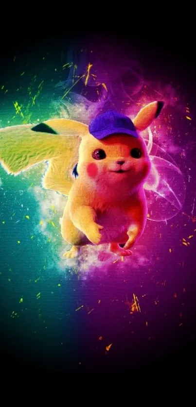 Vibrant Pikachu with neon colorful abstract background.