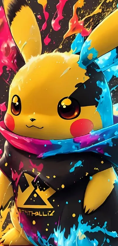 Colorful Pikachu in vibrant paint splash art.