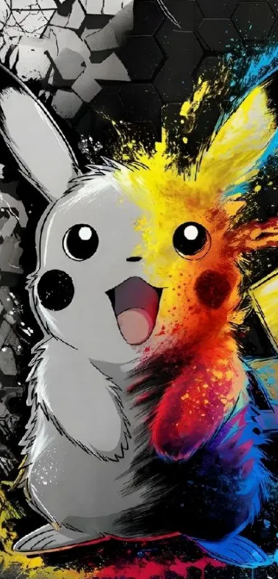 Vibrant Pikachu with colorful splashes on a dynamic background.