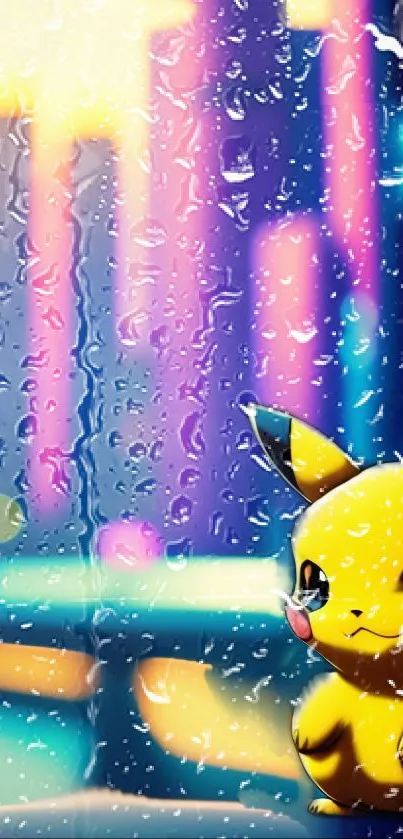 Colorful Pikachu wallpaper with neon city background.