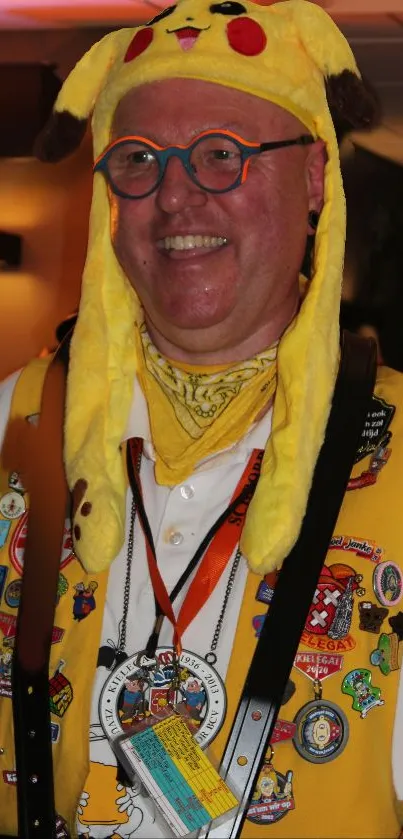 Person in a Pikachu costume with badges, smiling.